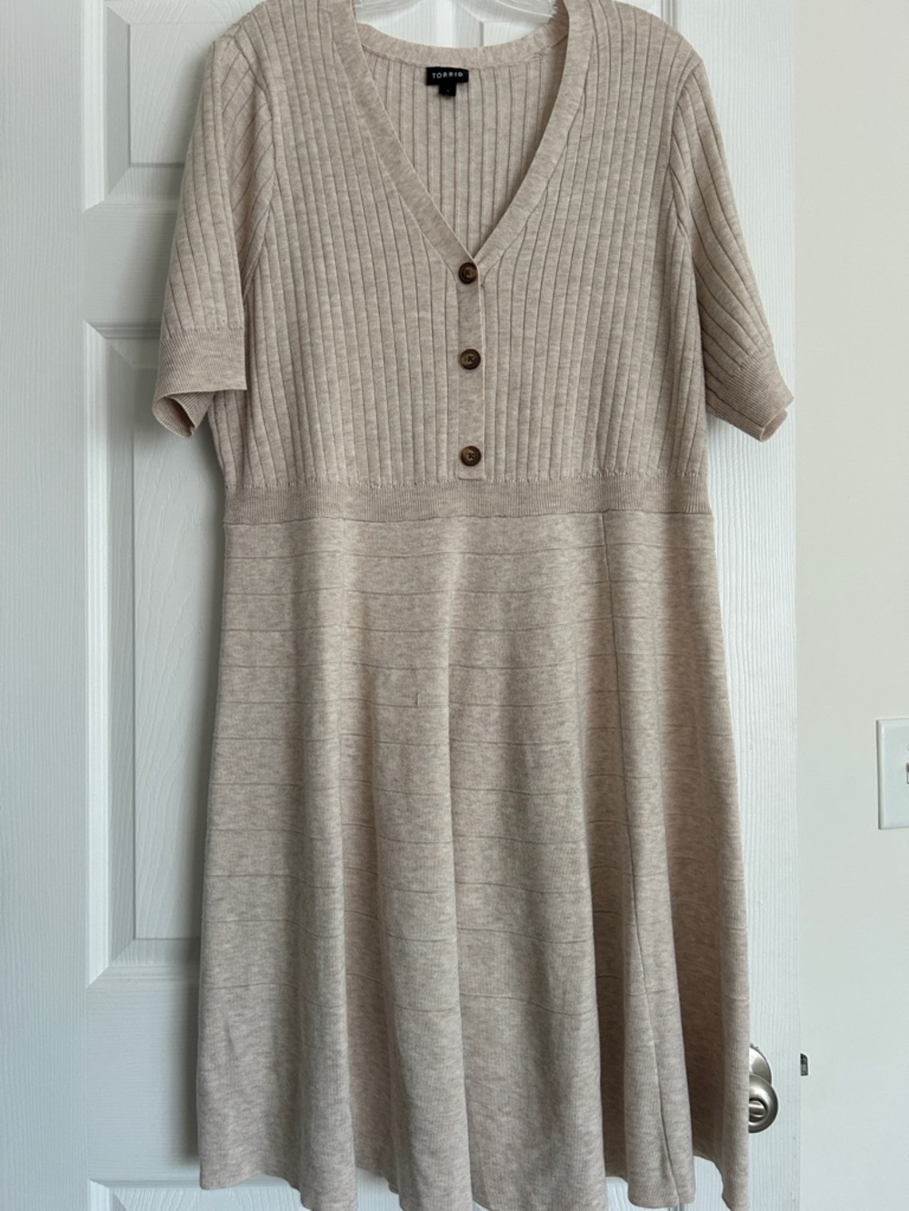 torrid Beige Ribbed V-Neck Midi Dress with Button Front